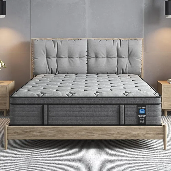 Slecofom grey series 14 inch hybrid mattress on a wooden frame